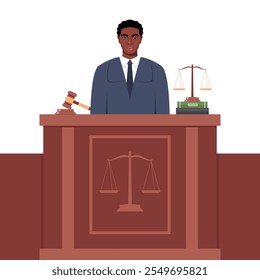 Judge with hammer. African American man in black robe with gavel. Jurisprudence, justice and law. Legal and sentencing. Judgement concept. Vector illustration