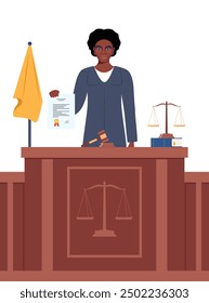 Judge with hammer. African American Woman in black robe with gavel. Jurisprudence, justice and law. Legal and sentencing. Judgement concept. Vector illustration