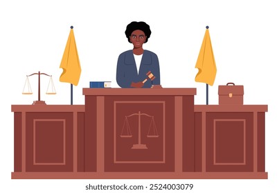 Judge with hammer. African American Woman in black robe with gavel. Jurisprudence, justice and law. Legal and sentencing. Judgement concept. Vector illustration