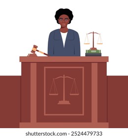 Judge with hammer. African American Woman in black robe with gavel. Jurisprudence, justice and law. Legal and sentencing. Judgement concept. Vector illustration