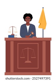 Judge with hammer. African American Woman in black robe with gavel. Jurisprudence, justice and law. Legal and sentencing. Judgement concept. Vector illustration