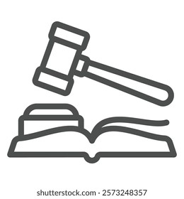 Judge hammer with book line icon, jurisprudence concept. Vector graphics. Judgement wooden tool sign on white background, outline style icon for mobile or web design