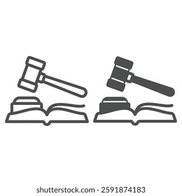 Judge hammer with book line and solid icon, jurisprudence concept. Vector graphics. Judgement wooden tool sign on white background, outline style icon for mobile or web design