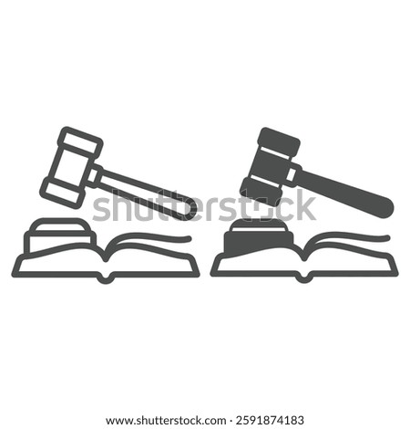 Judge hammer with book line and solid icon, jurisprudence concept. Vector graphics. Judgement wooden tool sign on white background, outline style icon for mobile or web design