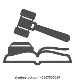 Judge hammer with book solid icon, jurisprudence concept. Vector graphics. Judgement wooden tool sign on white background, glyph style icon for mobile or web design