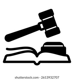 Judge hammer with book solid icon, jurisprudence concept. Vector graphics. Judgement wooden tool sign on white background, glyph style mobile or design
