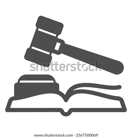 Judge hammer with book solid icon, jurisprudence concept. Vector graphics. Judgement wooden tool sign on white background, glyph style icon for mobile or web design