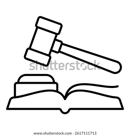 Judge hammer with book thin line icon, jurisprudence concept. Vector graphics. Judgement wooden tool sign on white background, linear style for mobile or design