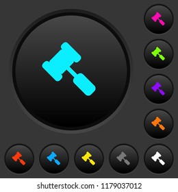 Judge hammer dark push buttons with vivid color icons on dark grey background