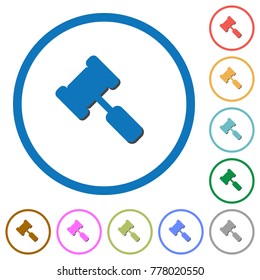 Judge hammer flat color vector icons with shadows in round outlines on white background