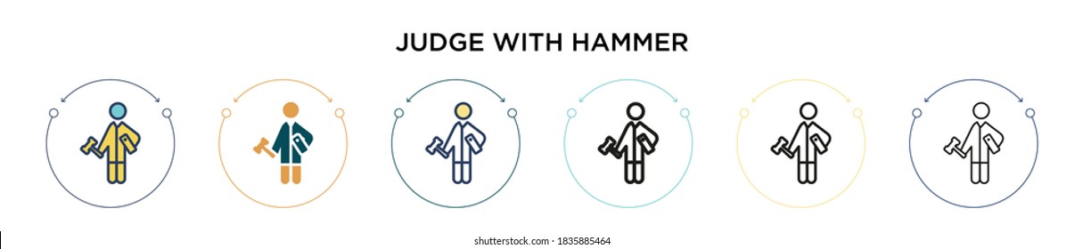 Mit dem Hammersymbol in voller Linie, Umriss und Strichstil beurteilen. Vektorgrafik von zwei farbigen und schwarzen Richtern mit Hammer-Vektorgrafiken-Designs kann für mobile, i, web-basierte