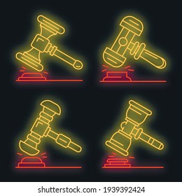 Judge hammer icon set. Outline set of judge hammer vector icons neon color on black