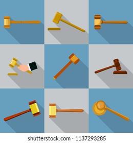 Judge hammer icons set. Flat illustration of 9 judge hammer vector icons for web