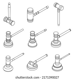 Die Hammersymbole des Richters werden gesetzt. Isometrische Reihe von Vektorsymbol-Symbolen von Richhammerrichtern, einzeln auf weißem Hintergrund