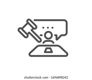 Judge hammer line icon. Court judgement sign. Legal law symbol. Quality design element. Editable stroke. Linear style judge hammer icon. Vector