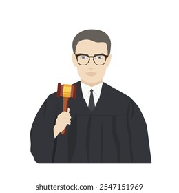 Judge with hammer. Man in black robe with gavel. Jurisprudence, justice and law. Legal and sentencing. Poster or banner for website. Judgement and punishment. Cartoon flat vector illustration