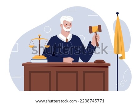 Judge with hammer. Man in black robe with gavel. Jurisprudence, justice and law. Legal and sentencing. Poster or banner for website. Judgement and punishment. Cartoon flat vector illustration