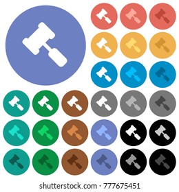 Judge hammer multi colored flat icons on round backgrounds. Included white, light and dark icon variations for hover and active status effects, and bonus shades on black backgounds.
