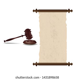 Judge hammer on the stand with the word Law. Papyrus scroll - isolated on white background - vector.