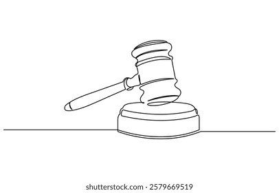 Judge hammer one continuous single line art drawing, One line drawing of judge hammer law symbol continuous hand drawn sketch minimalist design vector illustration.