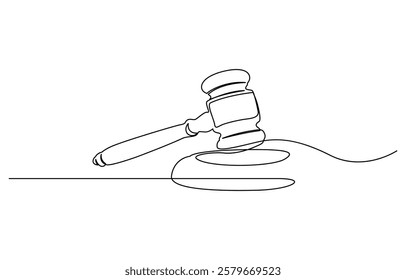 Judge hammer one continuous single line art drawing, One line drawing of judge hammer law symbol continuous hand drawn sketch minimalist design vector illustration.