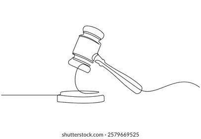 Judge hammer one continuous single line art drawing, One line drawing of judge hammer law symbol continuous hand drawn sketch minimalist design vector illustration.