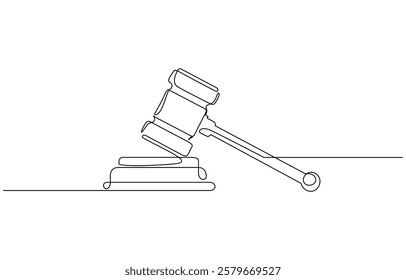 Judge hammer one continuous single line art drawing, One line drawing of judge hammer law symbol continuous hand drawn sketch minimalist design vector illustration.