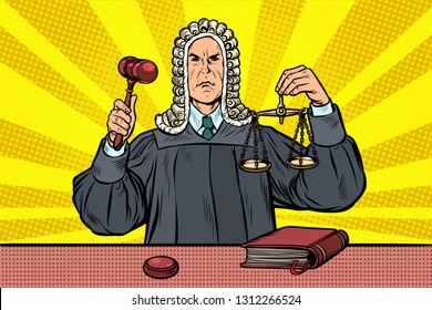 judge with a hammer. scales of justice. Pop art retro vector illustration kitsch vintage