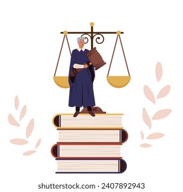 Judge with a hammer and scales standing on the stack of books. Justice concept. Legal system. Law enforcement. Vector.