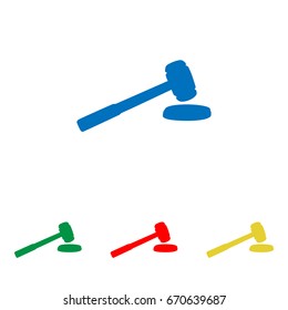 Judge hammer sign. Vector. Big blue flat icon with red, green and yellow small icons at white background. Isolated.