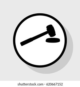 Judge hammer sign. Vector. Flat black icon in white circle with shadow at gray background.