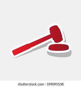 Judge hammer sign. Vector. New year reddish icon with outside stroke and gray shadow on light gray background.