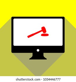 Judge hammer sign. Vector. Red icon on white monitor of black all-in-one desktop computer with two shadows at yellow background.