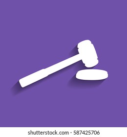 Judge hammer sign. Vector. White icon with soft shadow on grape violet background.