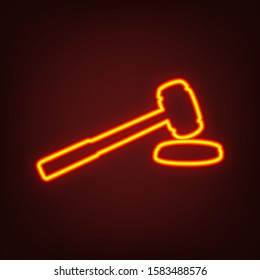 Judge hammer sign. Yellow, orange, red neon icon at dark reddish background. Illumination. Illustration.