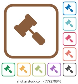 Judge hammer simple icons in color rounded square frames on white background