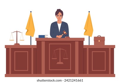 Judge with hammer. Woman in black robe with gavel. Jurisprudence, justice and law. Legal and sentencing. Judgement concept. Vector illustration