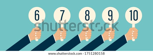  judge hand holding\
score card vector illustration. scorecard number for competition\
jury vote set. panel icon up. isolated. white background. best\
grade or achievement