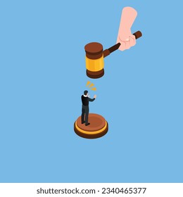 Judge hiiting tiny man by gavel. Bankruptcy, lawsuit, protest isometric 3d vector illustration concept for banner, website, illustration, landing page, flyer, etc.