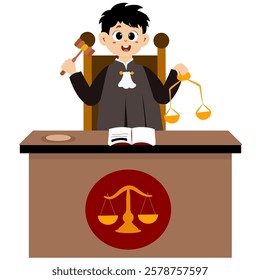 Judge holding gavel and scales, metaphor for responsibility. Graphic element for website, poster or banner. Law symbol. Public officials who provide justice in court are judges or prosecutors