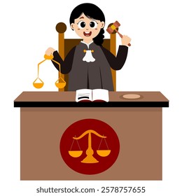 Judge holding gavel and scales, metaphor for responsibility. Graphic element for website, poster or banner. Law symbol. Public officials who provide justice in court are judges or prosecutors