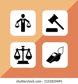 judge icon. 4 judge set with scale, law, whistle and auction vector icons for web and mobile app