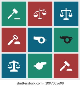 Judge icon. collection of 9 judge filled icons such as auction hummer, whistle. editable judge icons for web and mobile.