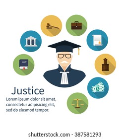 Judge icon. Icons symbol of law and justice. Trial. Law vector icons, flat design style. Lawyer, judgement, judge gavel, attorney, jurisprudence, scales, balance, book laws.