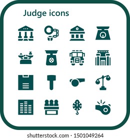 judge icon set. 16 filled judge icons.  Simple modern icons about  - Courthouse, Handcuffs, Scale, Jury, Prison, Mallet, Whistle, Equalizer
