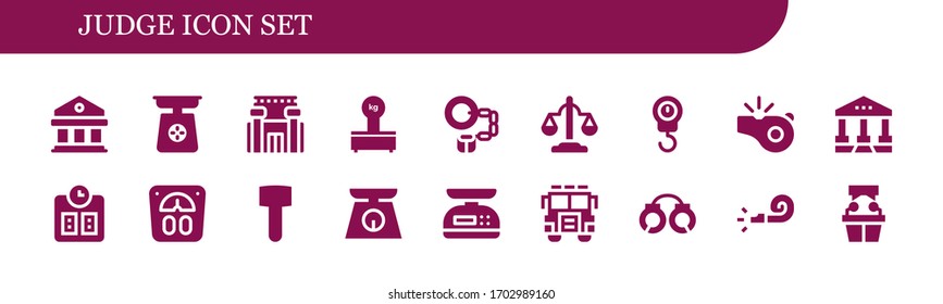 judge icon set. 18 filled judge icons. Included Courthouse, Scale, Prison, Scales, Handcuffs, Equality, Whistle, Mallet, Jury, Witness icons