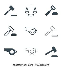 Judge icons. set of 9 editable filled and outline judge icons such as auction hummer, whistle