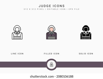 Judge icons set vector illustration with solid icon line style. Auction act concept. Editable stroke icon on isolated background for web design, user interface, and mobile application