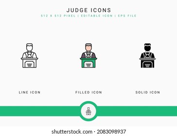 Judge icons set vector illustration with solid icon line style. Auction act concept. Editable stroke icon on isolated background for web design, user interface, and mobile application
