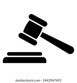 Judge, judgement, or auction hammer icon. Judge gavel sign. Law symbol. Black silhouette. Vector illustration.